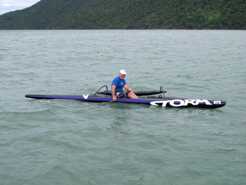 One year later ... picture of Grant Davis paddling his OC1 outrigger  off Etty Bay
